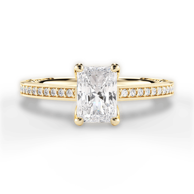 The Teisha Radiant Cut 18kt Yellow Gold Lattice Micropavé Diamond Band Engagement Ring