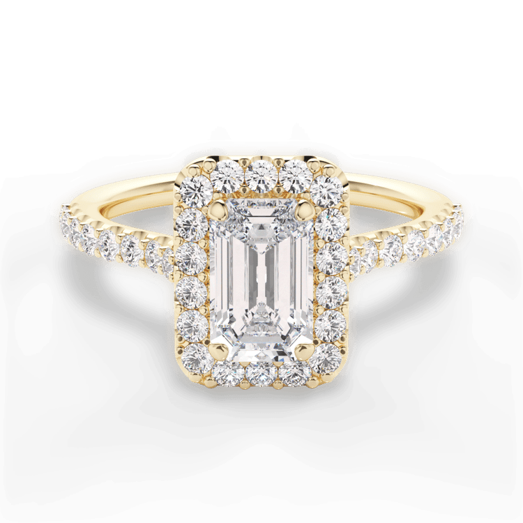 The Aria Emerald Cut 18kt Yellow Gold Halo Diamond Engagement Ring