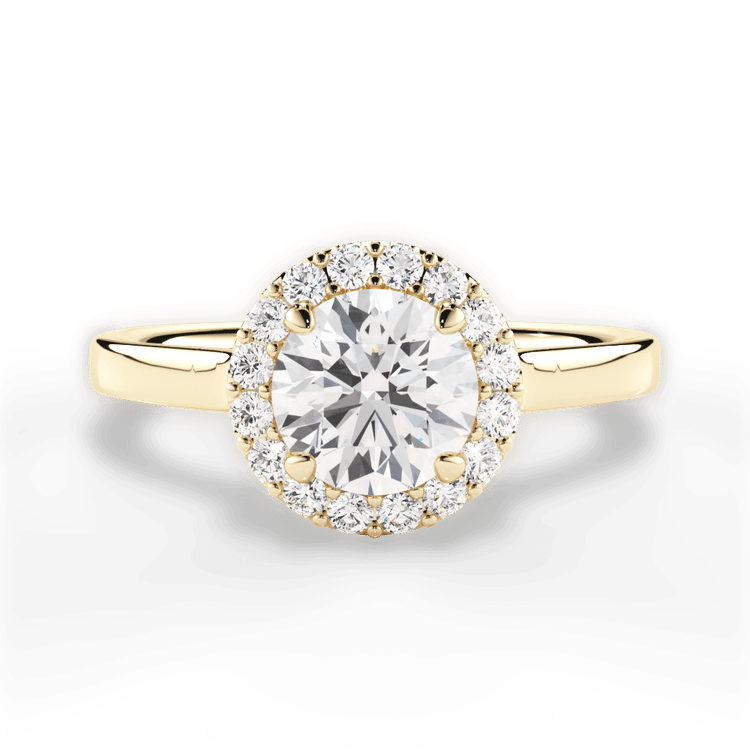 The Ivy Round Cut 18kt Yellow Gold Plain Band French-Set Halo Engagement Ring