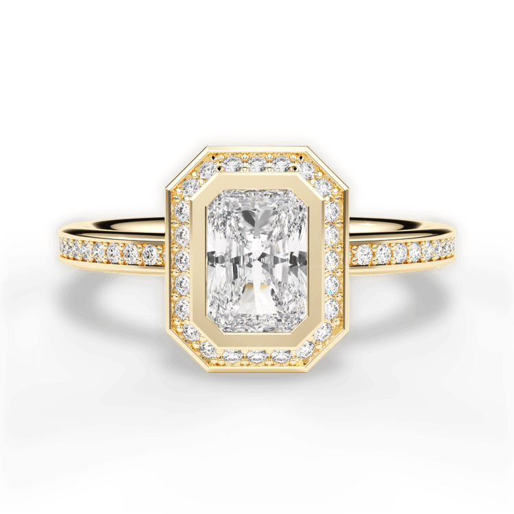 The Ritani Endless Love Radiant Cut 18kt Yellow Gold Round Vintage Halo Micropavé Diamond Band Engagement Ring