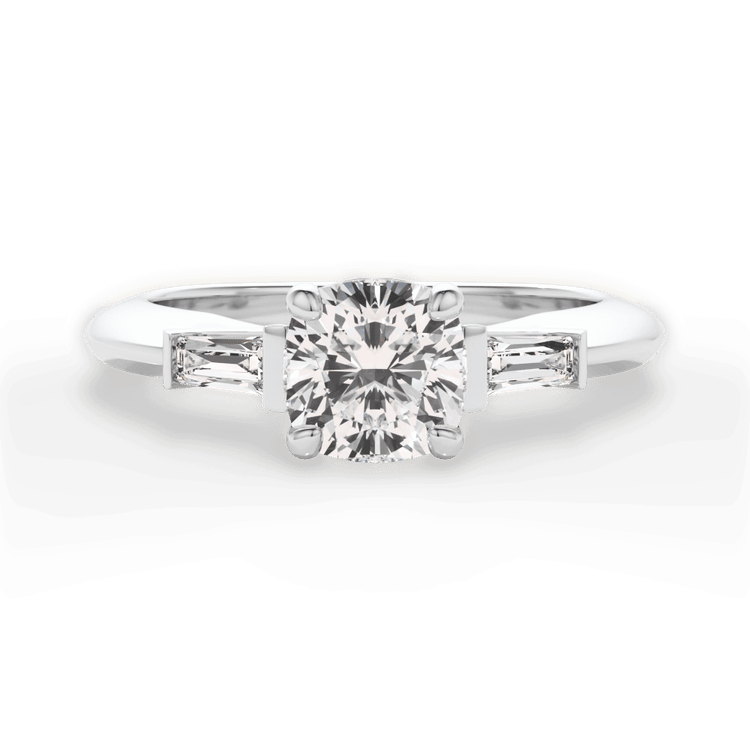 The Emma Cushion Cut Platinum Tapered Baguette Diamond Engagement Ring