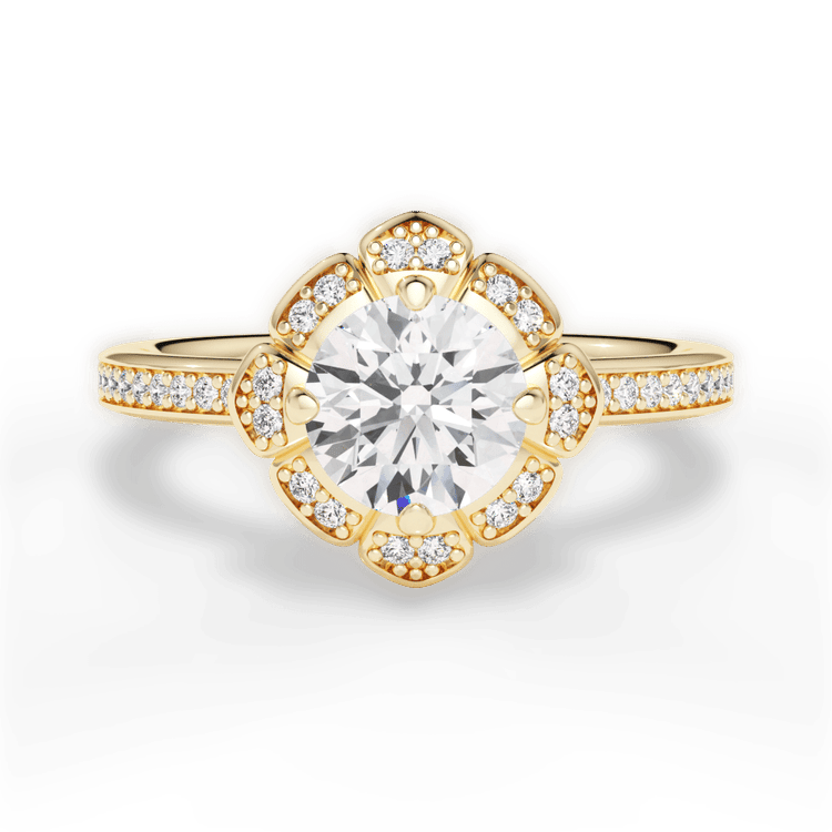The Celeste Round Cut 18kt Yellow Gold Petal Halo Diamond Engagement Ring