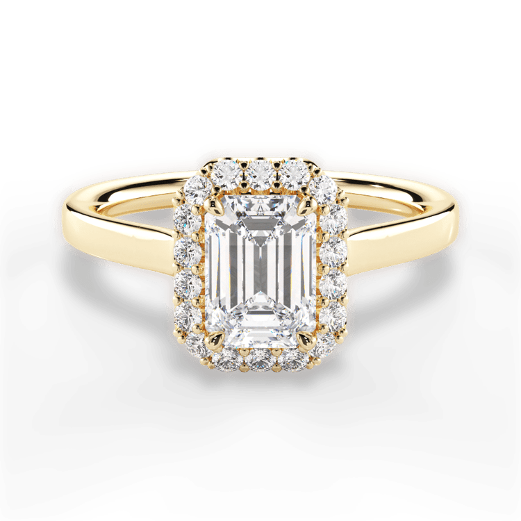 The Ivy Emerald Cut 18kt Yellow Gold Plain Band French-Set Halo Engagement Ring
