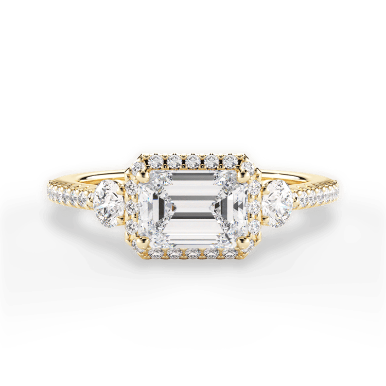 The Emelia Emerald Cut 18kt Yellow Gold East To West Three-Stone Halo Diamond Band Engagement Ring