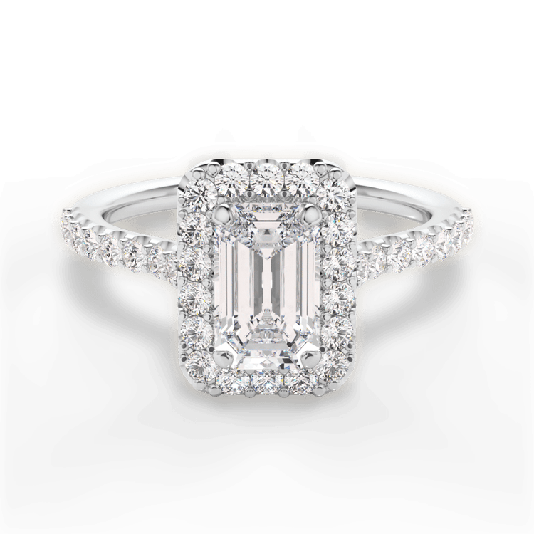 The Aria Emerald Cut Platinum Halo Diamond Engagement Ring