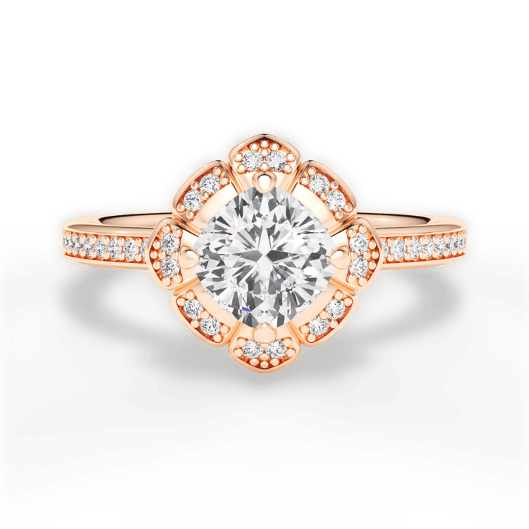 The Celeste Cushion Cut 18kt Rose Gold Petal Halo Diamond Engagement Ring