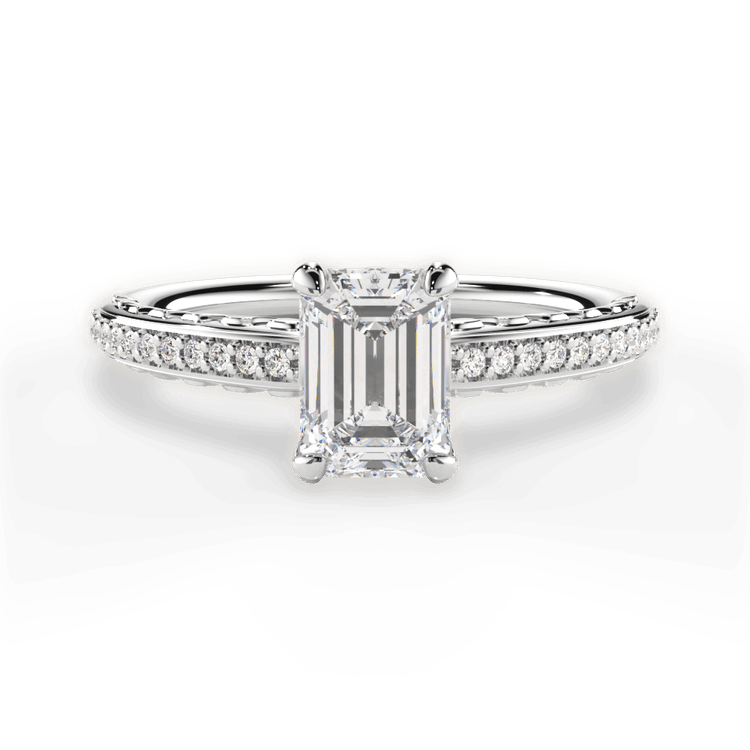 The Gio Emerald Cut Platinum Engraved Diamond Engagement Ring