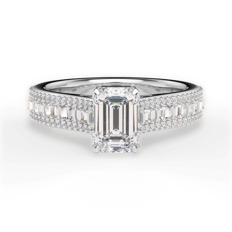 The Deni Emerald Cut Platinum Round & Baguette Diamond Engagement Ring