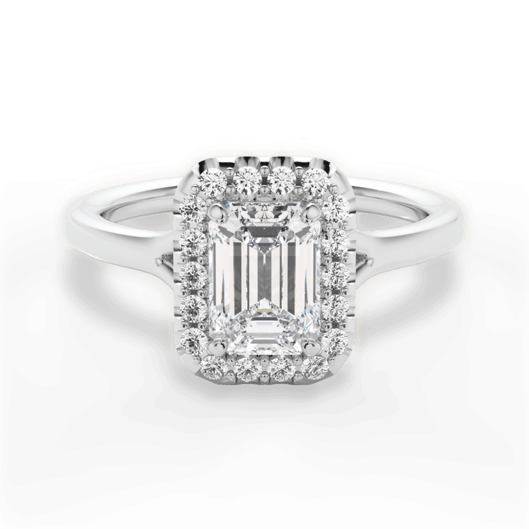 The Celia Emerald Cut Platinum Split Shank Halo Diamond Engagement Ring