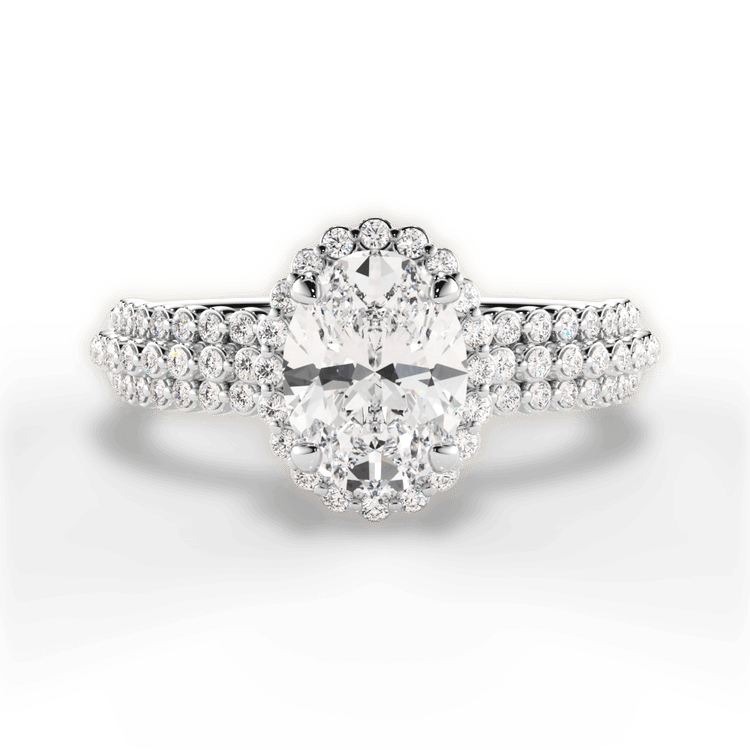 The Electra Oval Cut Platinum Three Row Graduating Diamond Halo Engagement Ring