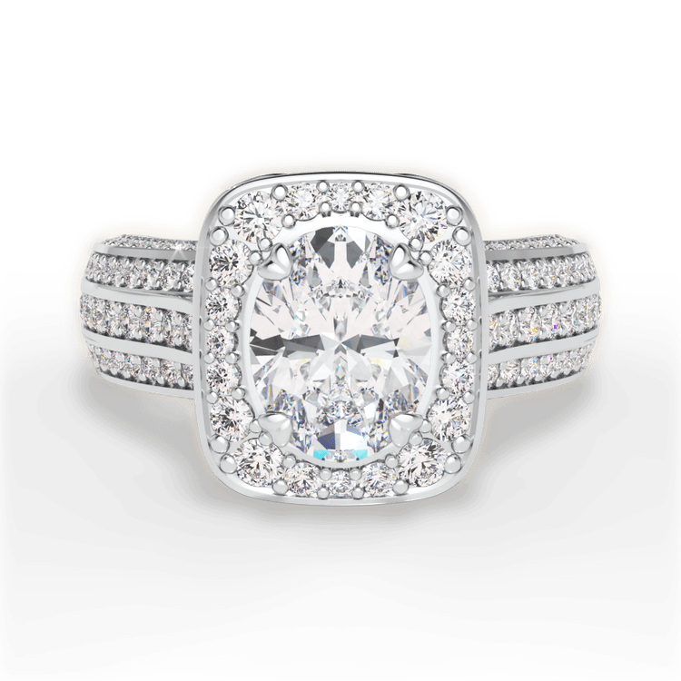 The Marisa Oval Cut Platinum Masterwork Cushion Halo Triple Diamond Band Engagement Ring