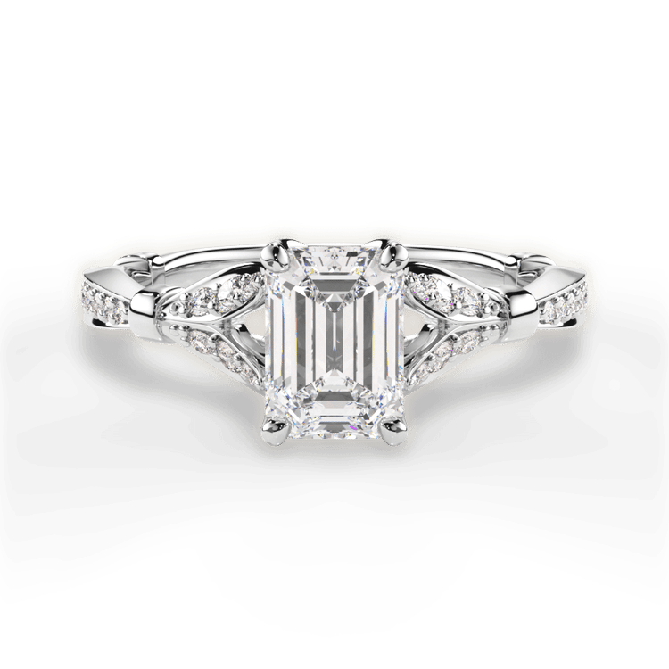 The Korina Emerald Cut Platinum Vintage Diamond Embellished Prong Engagement Ring