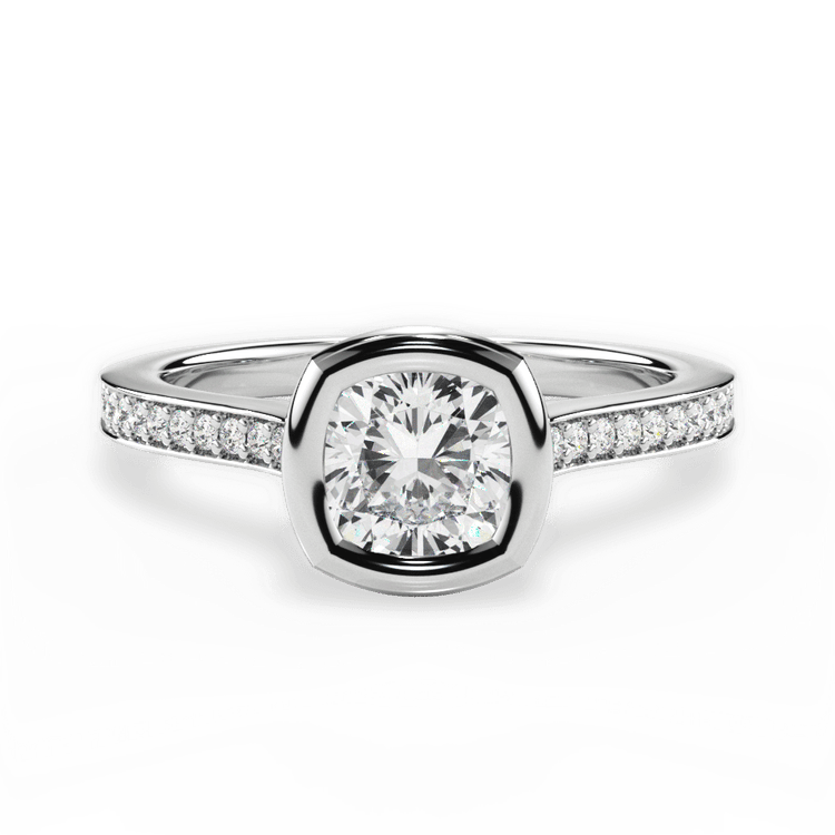 The Tyler Cushion Cut Platinum Bezel-Set Pavé Diamond Band Engagement Ring