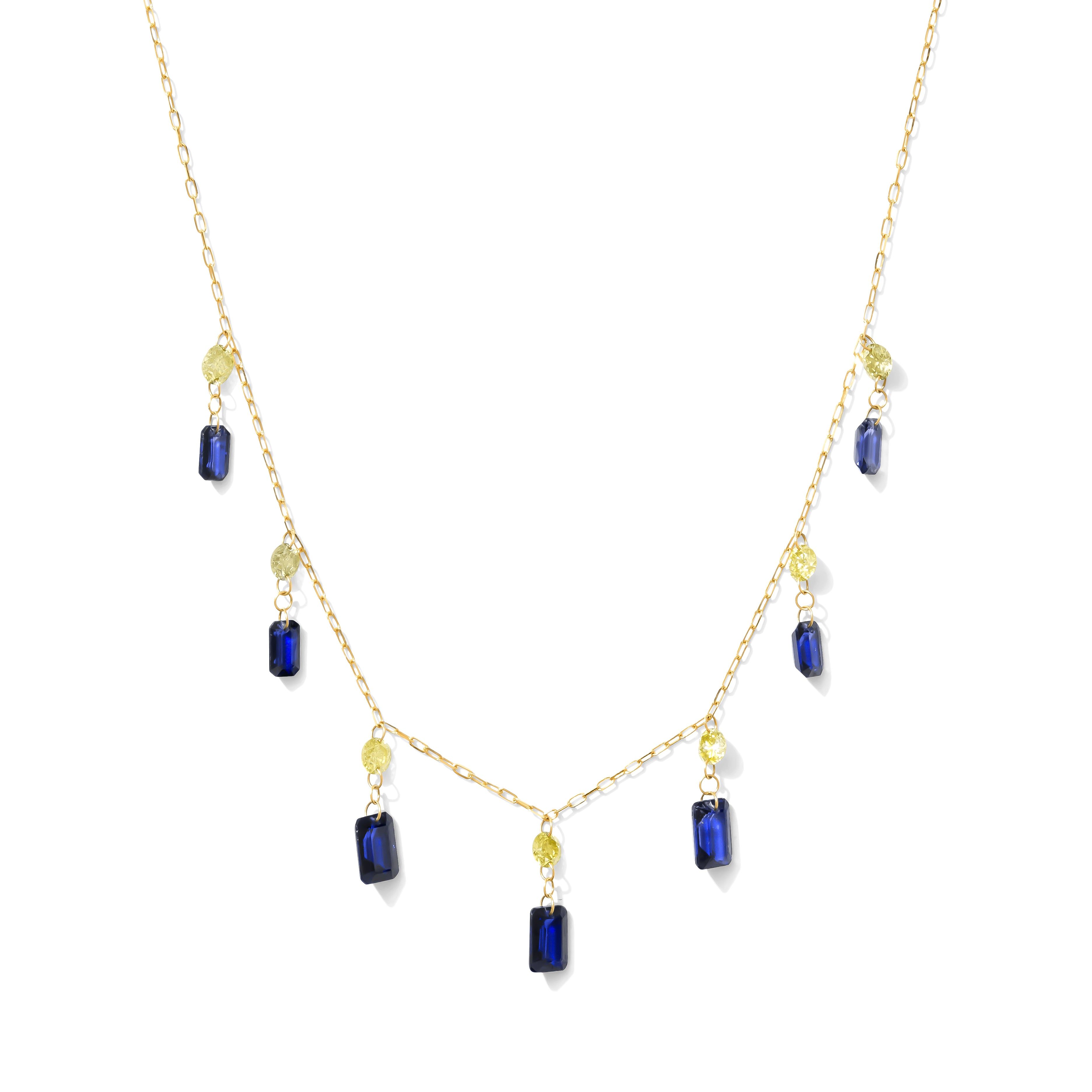 18kt Yellow Gold 4.87 CTW Natural Diamond & Blue Sapphire Emerald Cut Drop Necklace