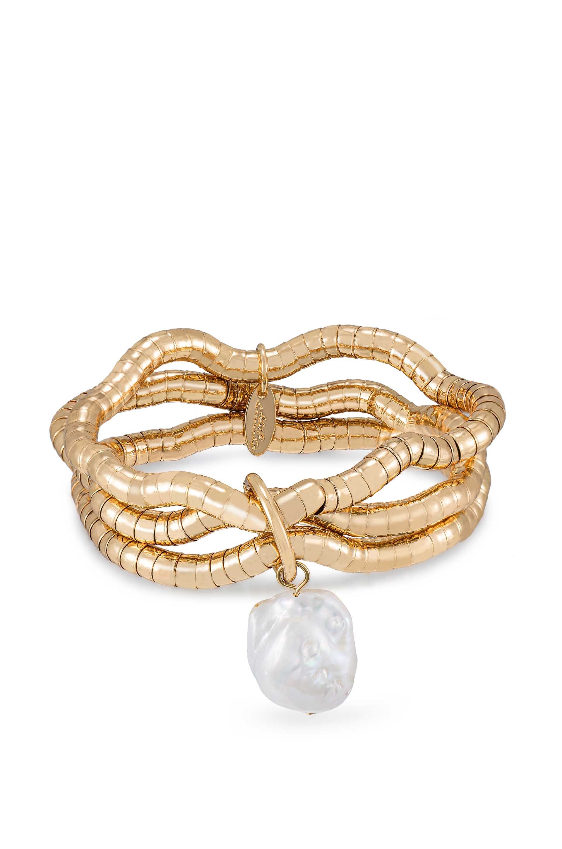 Ettika 18kt Gold Plated Liquid Gold and Pearl Stretch Bracelet