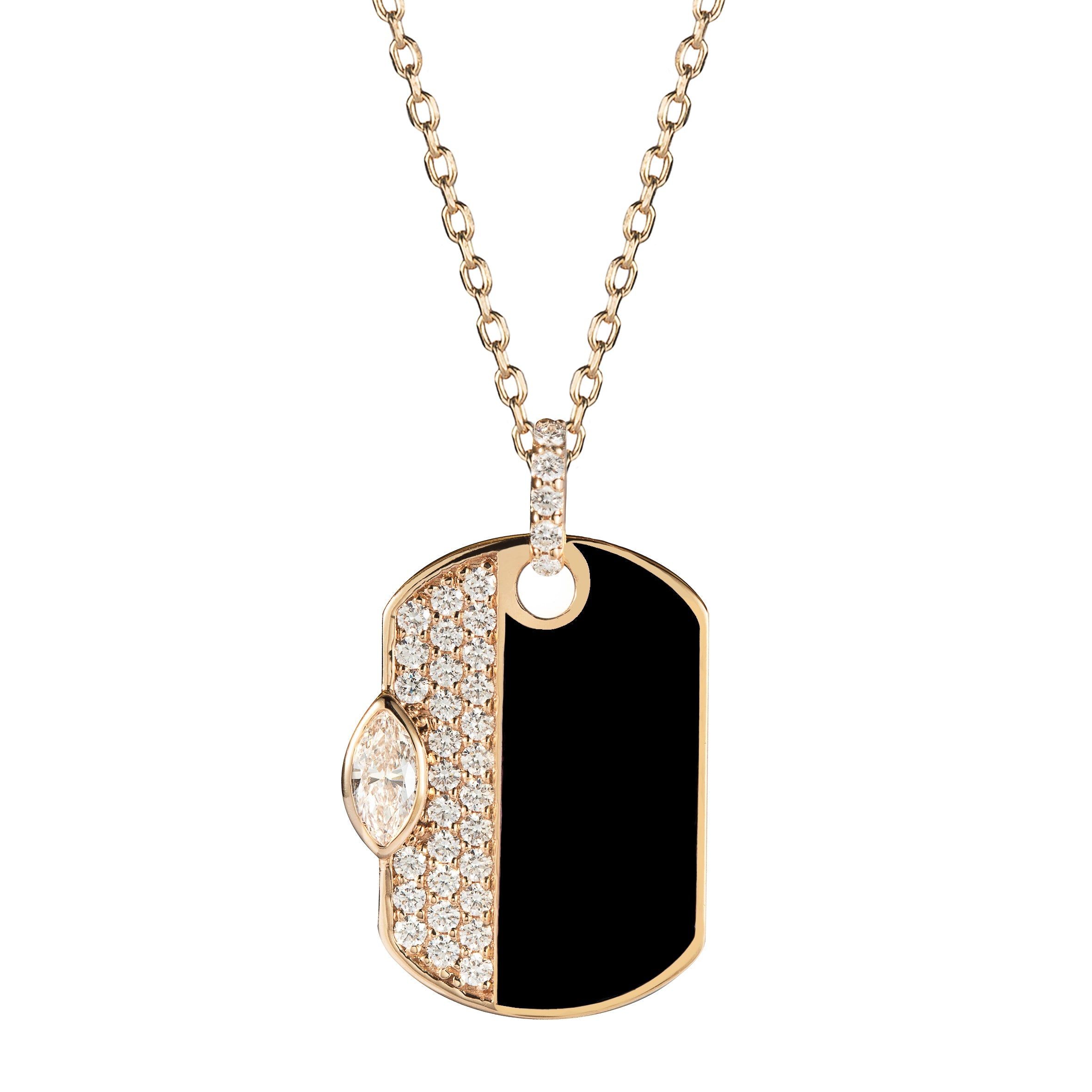 18kt Rose Gold 0.51 CTW Black Enamel Natural Diamond Dog Tag Necklace