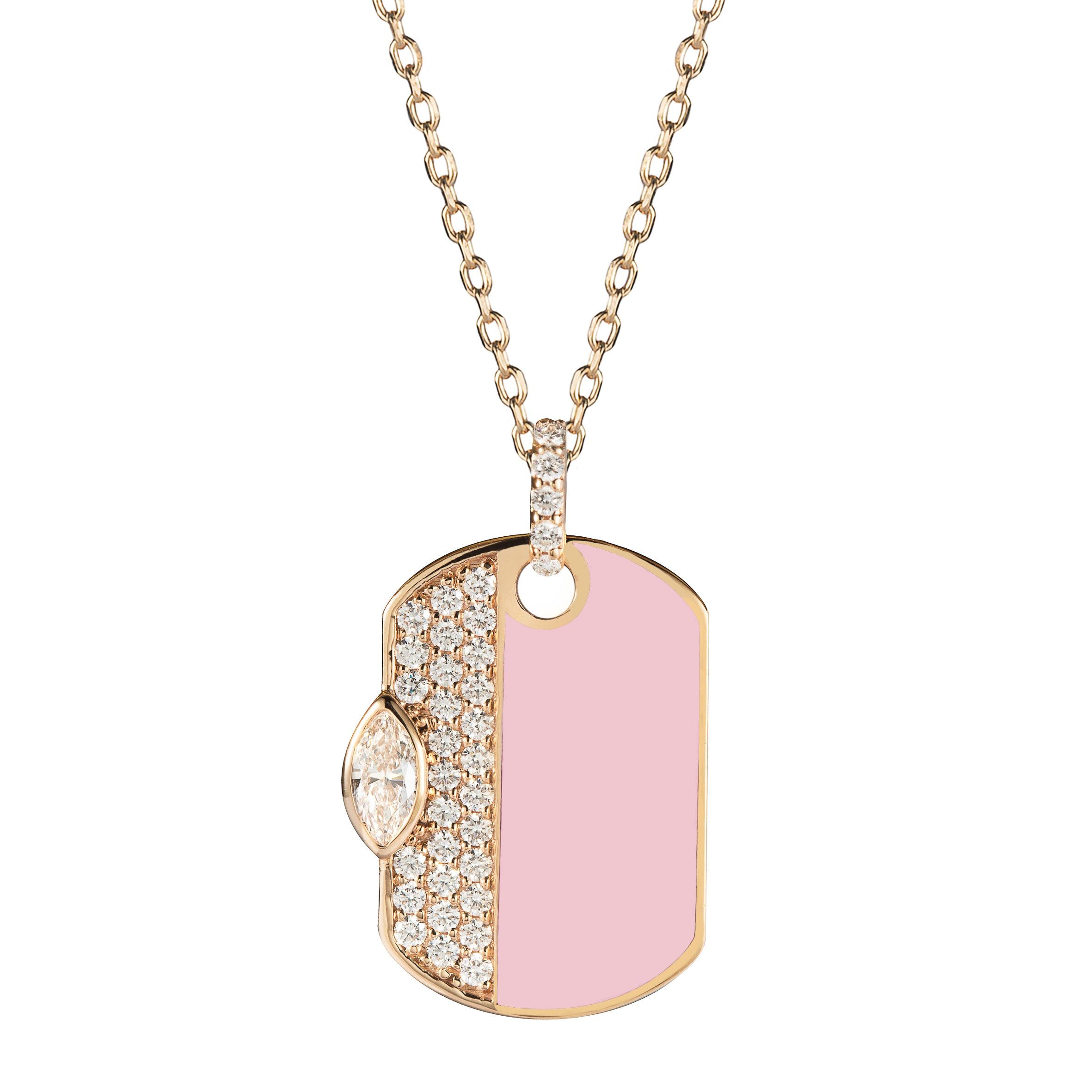 18kt Rose Gold 0.51 CTW Pink Enamel Natural Diamond Dog Tag Necklace