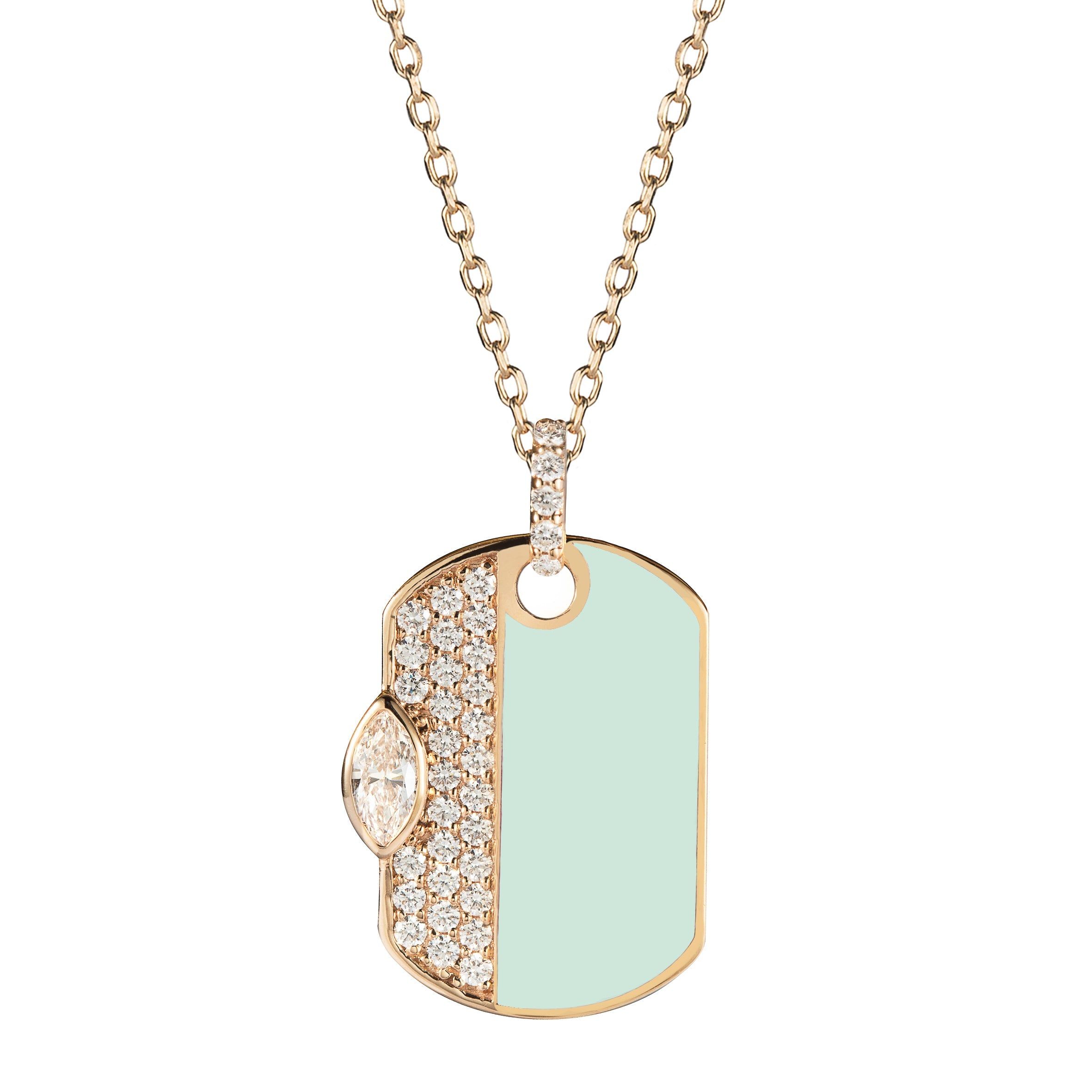 18kt Rose Gold 0.51 CTW Mint Enamel Natural Diamond Dog Tag Necklace