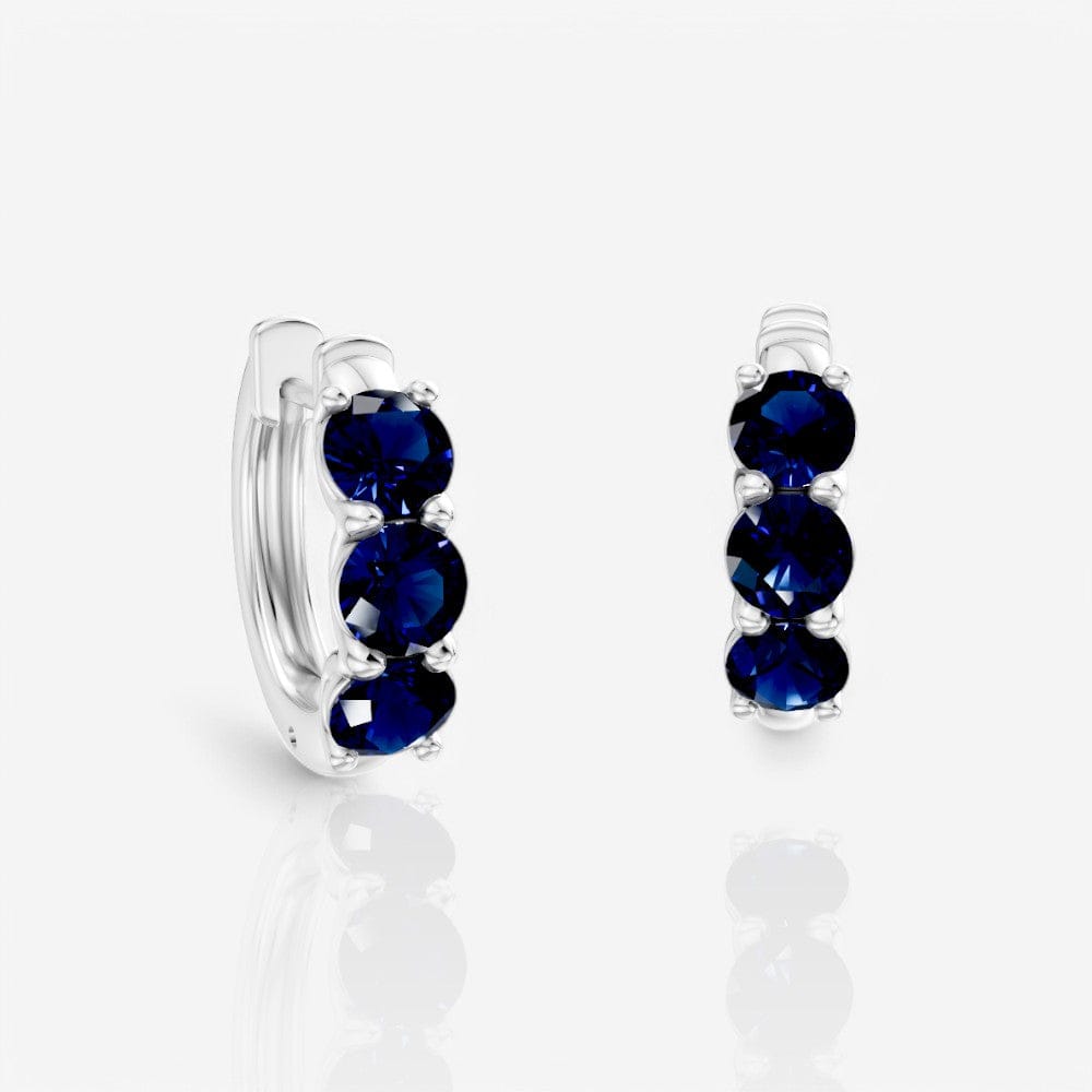 Three-Stone Round Blue Sapphire Huggie Hoop Earrings