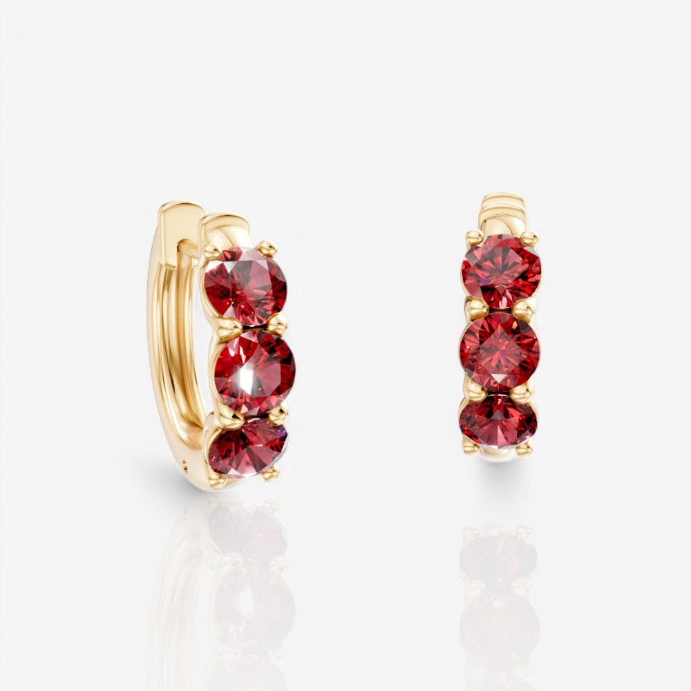 Three-Stone Round Ruby Huggie Hoop Earrings