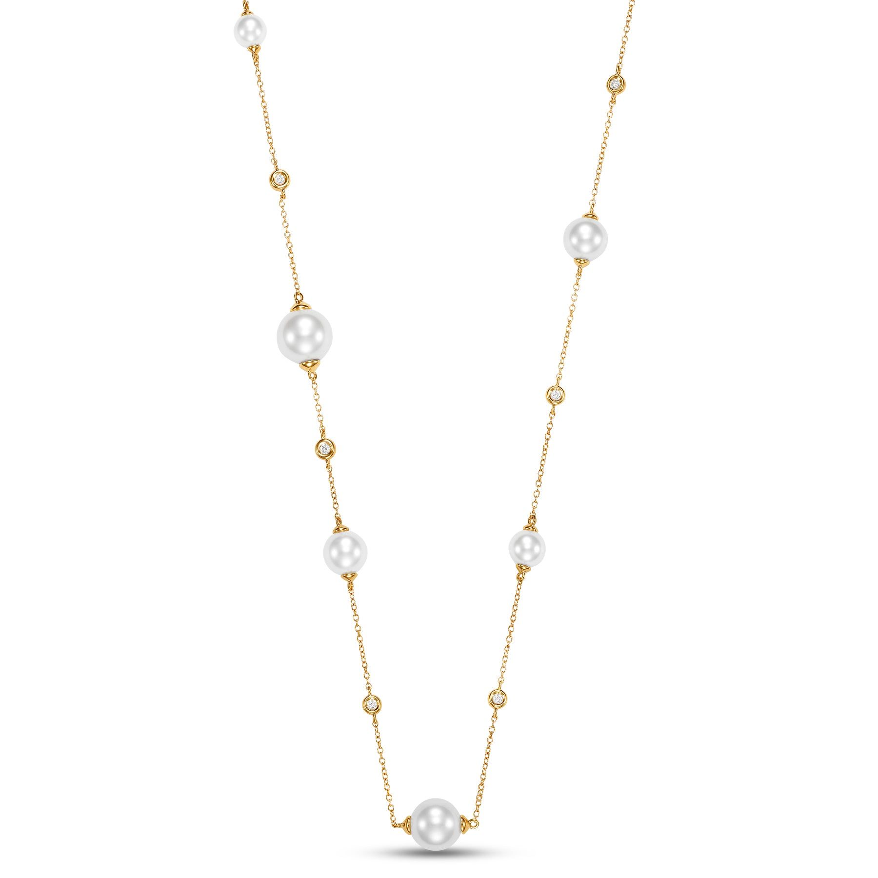 14kt Yellow Gold 0.10 CTW Natural Diamond & White Freshwater Pearl Station Necklace