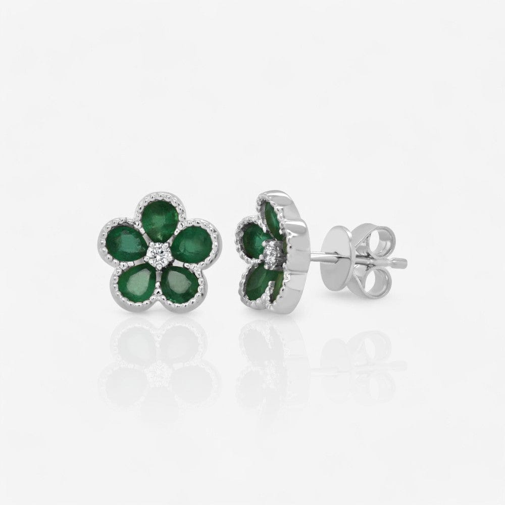 Round Diamond & Pear Emerald Flower Earrings