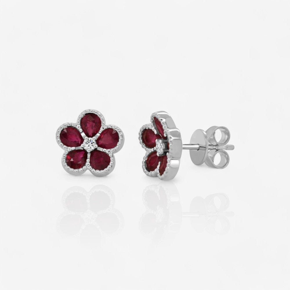 Round Diamond & Pear Ruby Flower Earrings