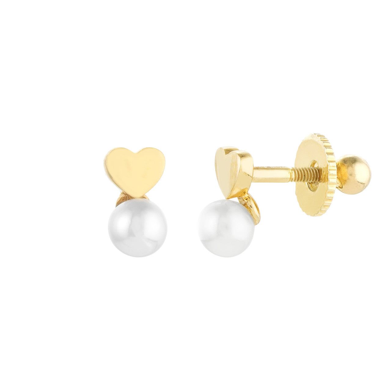 14kt Gold Children's Heart & Pearl Stud Screw Back Earrings