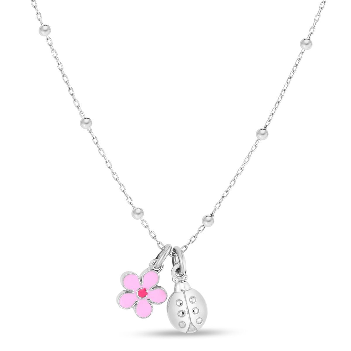 Sterling Silver Children's  Enamel Flower Ladybug Necklace