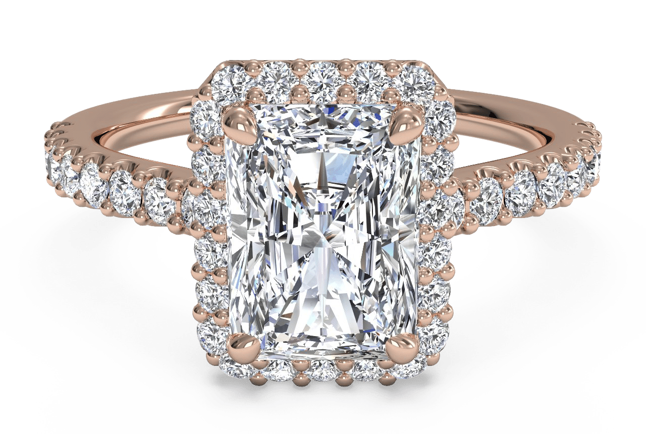 The Layla Radiant Cut 18kt Rose Gold French-Set Halo Diamond Band Engagement Ring