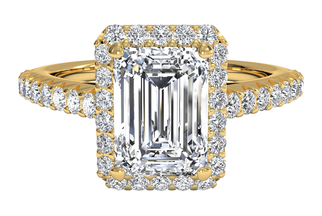 The Laura Emerald Cut 18kt Yellow Gold Classic French-set Halo Diamond Band Engagement Ring