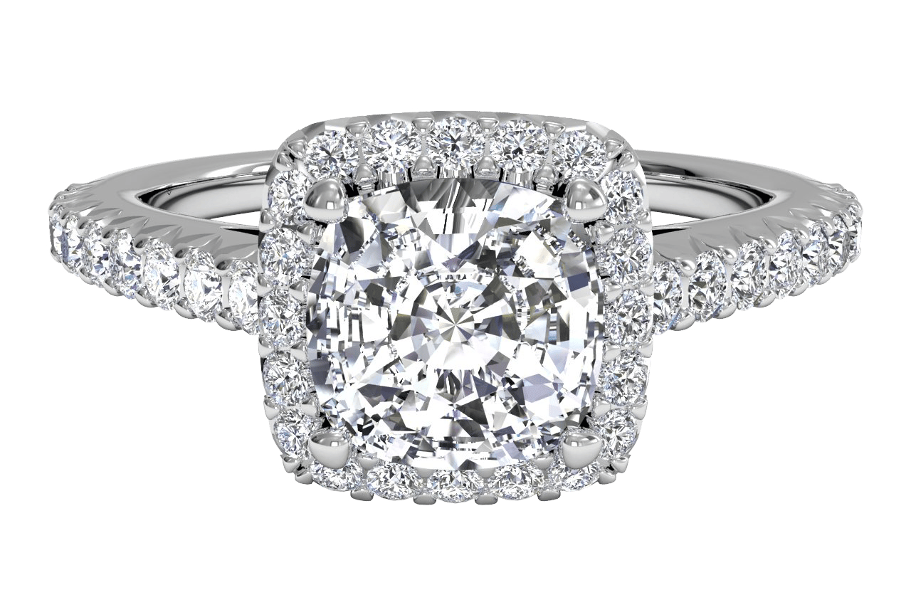The Laura Cushion Cut Platinum Classic French-set Halo Diamond Band Engagement Ring