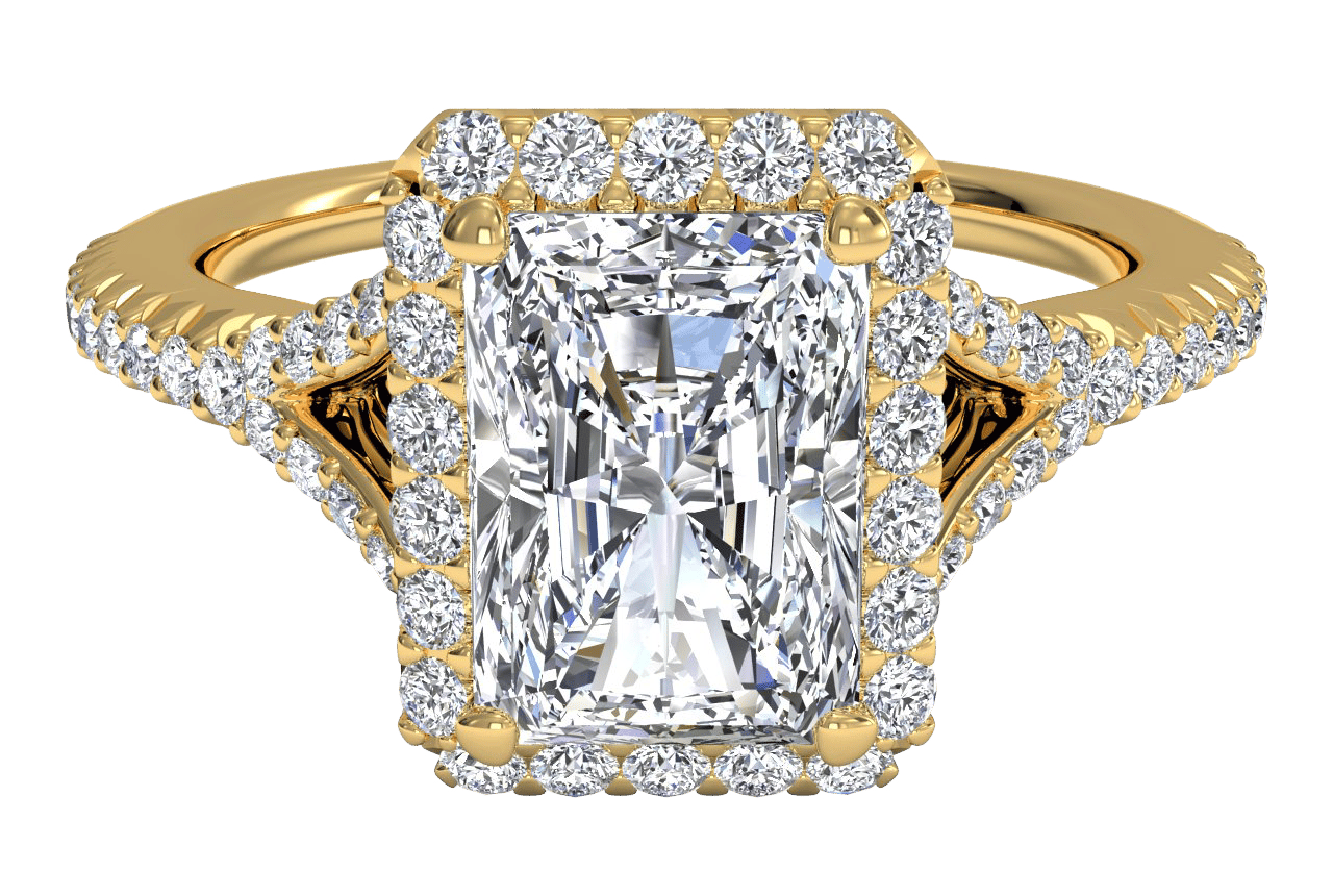 The Jordan Radiant Cut 18kt Yellow Gold Dainty 'V' Band Halo Engagement Ring