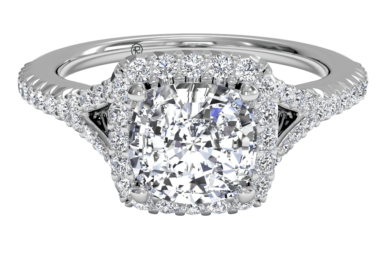 The Jordan Cushion Cut Platinum Dainty 'V' Band Halo Engagement Ring