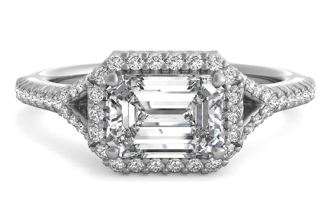 The Riley Emerald Cut Platinum East To West Halo Diamond 'V Band' Engagement Ring