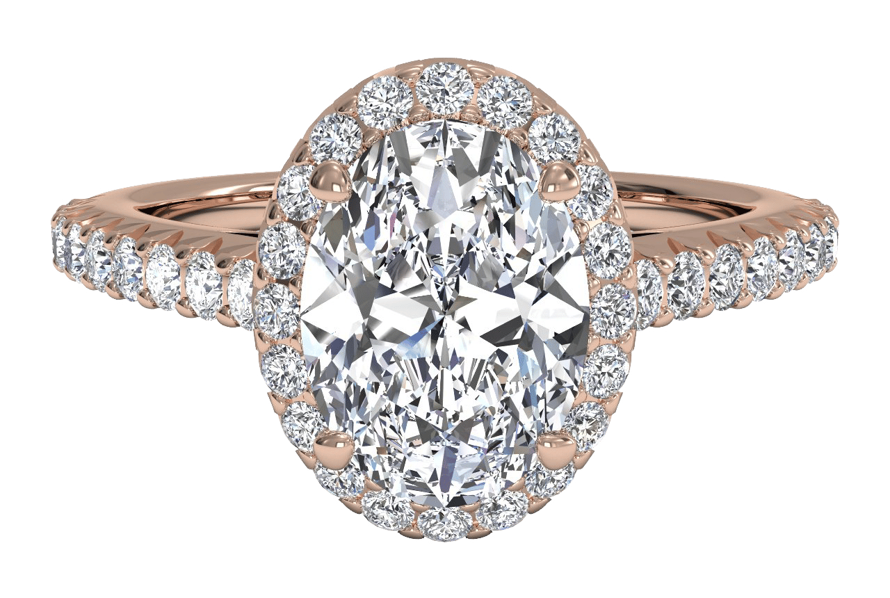 The Laura Oval Cut 18kt Rose Gold Classic French-set Halo Diamond Band Engagement Ring