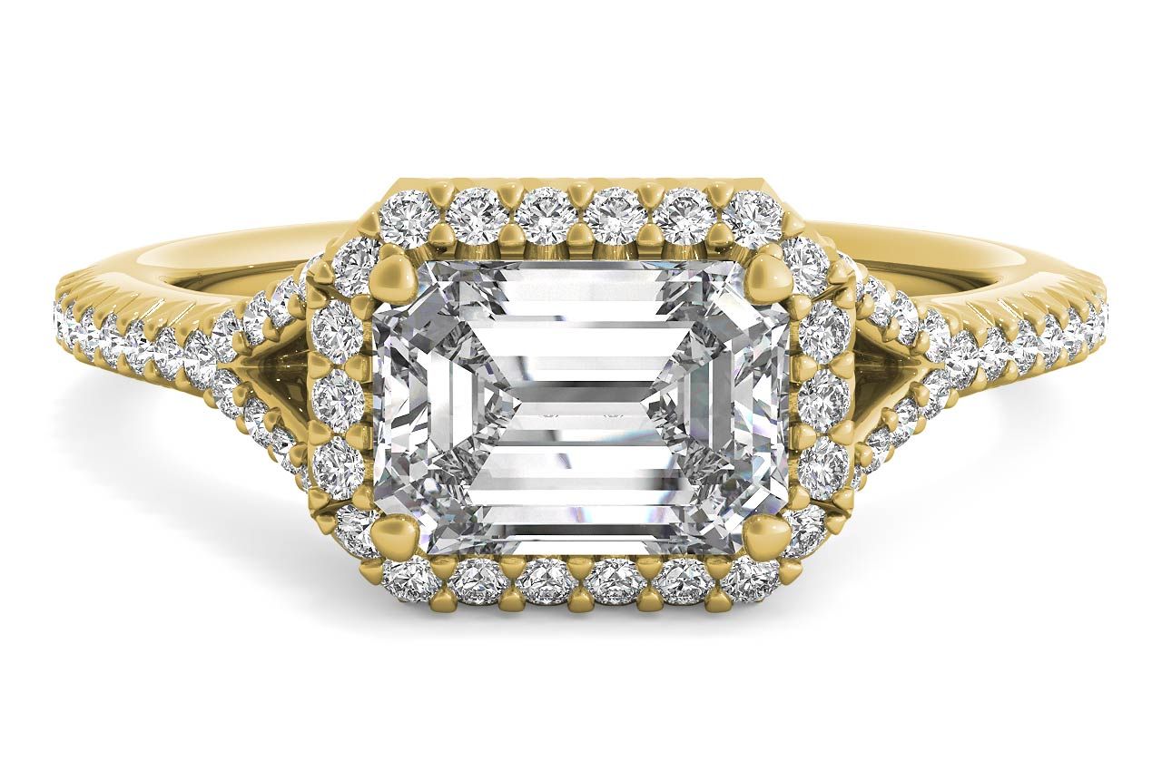 The Riley Emerald Cut 18kt Yellow Gold East To West Halo Diamond 'V Band' Engagement Ring