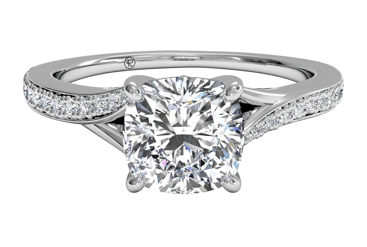 The Alba Cushion Cut 14kt White Gold Bypass Micropavé Diamond Band Engagement Ring