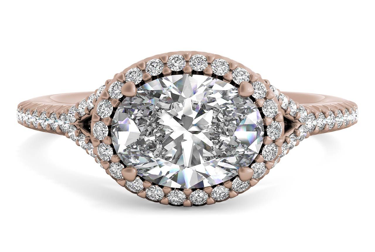 The Riley Oval Cut 18kt Rose Gold East To West Halo Diamond 'V Band' Engagement Ring
