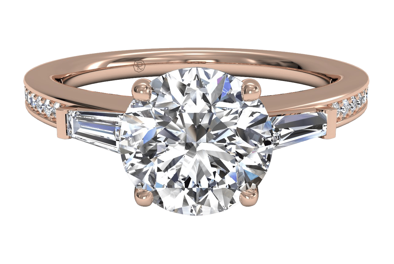 The Bea Round Cut 18kt Rose Gold Tapered Baguette Diamond Band Engagement Ring