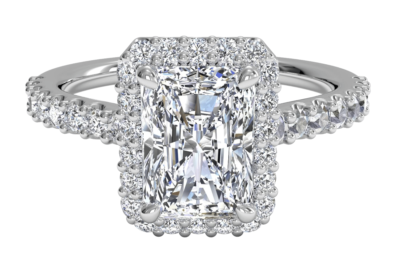 The Layla Radiant Cut Platinum French-Set Halo Diamond Band Engagement Ring
