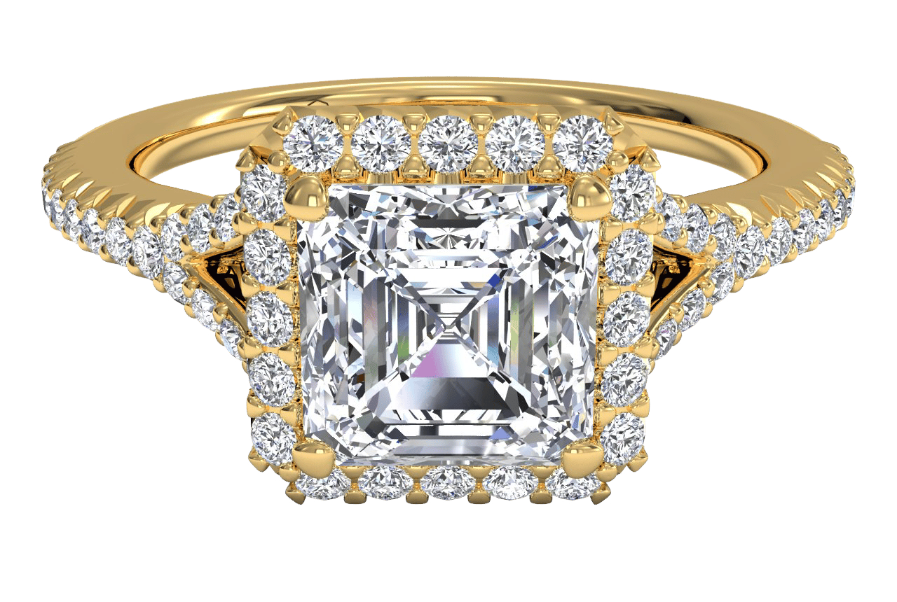 The Jordan Asscher Cut 18kt Yellow Gold Dainty 'V' Band Halo Engagement Ring
