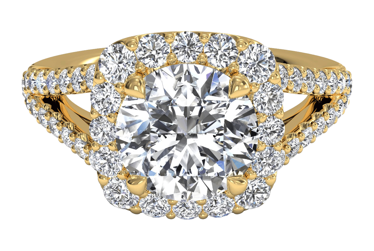 The Kenia Round Cut 18kt Yellow Gold Halo 'V' Band Engagement Ring