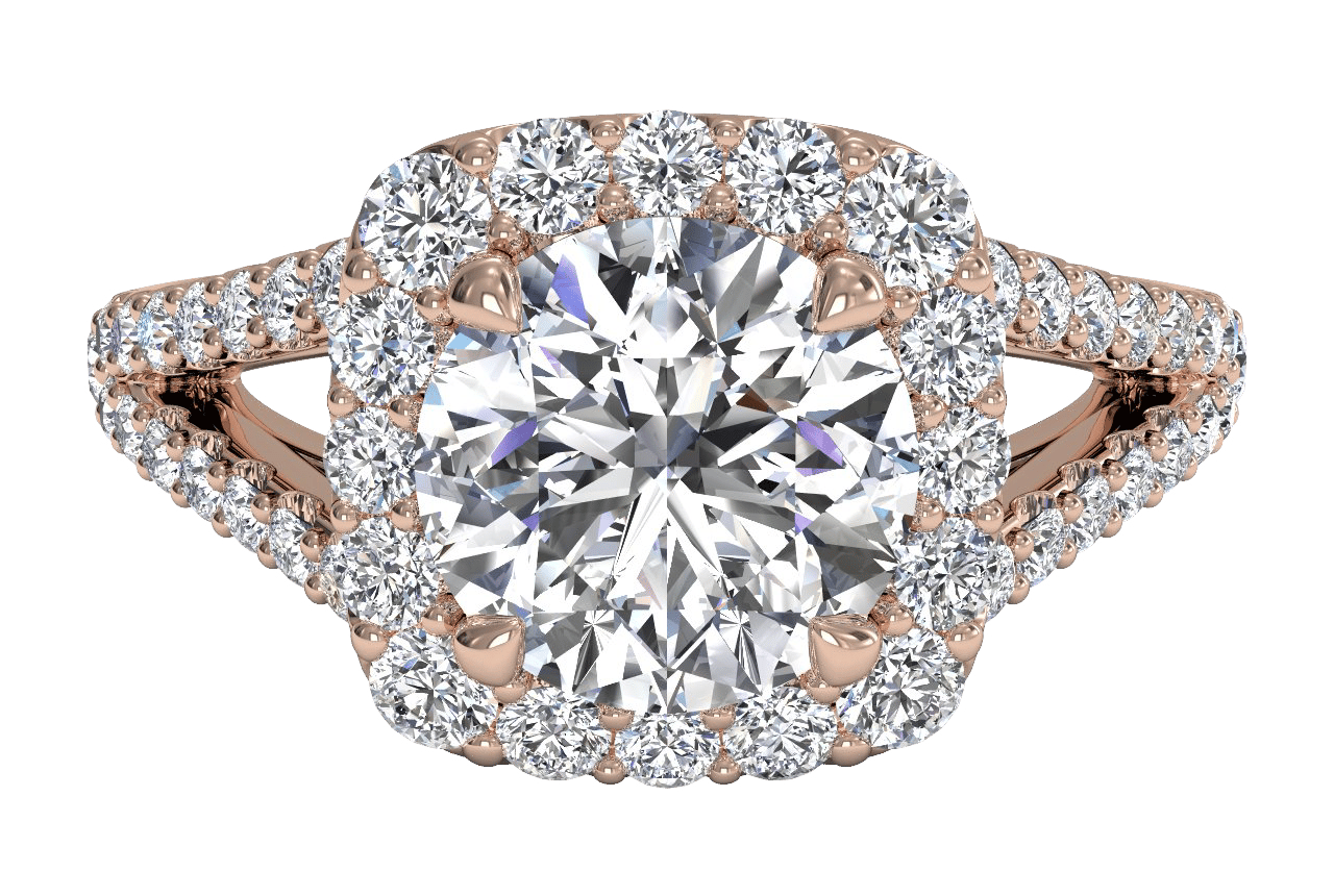 The Kenia Round Cut 18kt Rose Gold Halo 'V' Band Engagement Ring