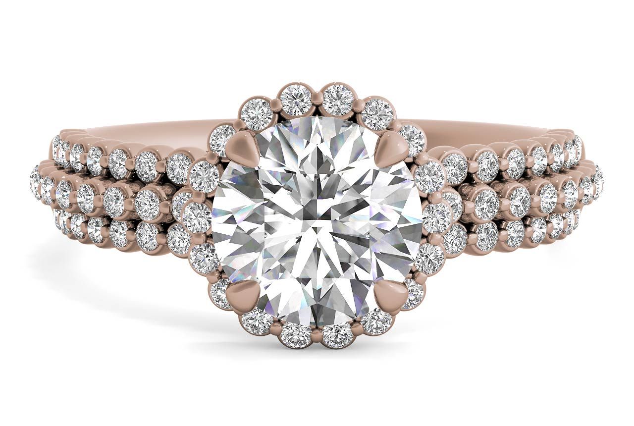 The Electra Round Cut 18kt Rose Gold Three Row Graduating Diamond Halo Engagement Ring