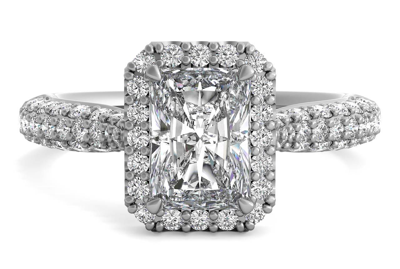 The Leilani Radiant Cut Platinum Three Row Pavé Diamond Halo Engagement Ring