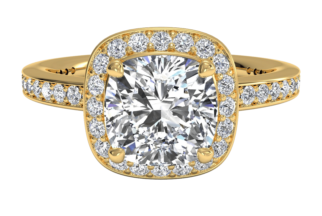 The Vanessa Cushion Cut 18kt Yellow Gold Halo Micropavé Diamond Band Engagement Ring