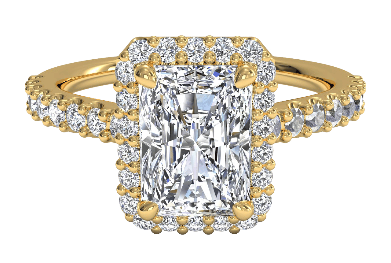 The Layla Radiant Cut 18kt Yellow Gold French-Set Halo Diamond Band Engagement Ring
