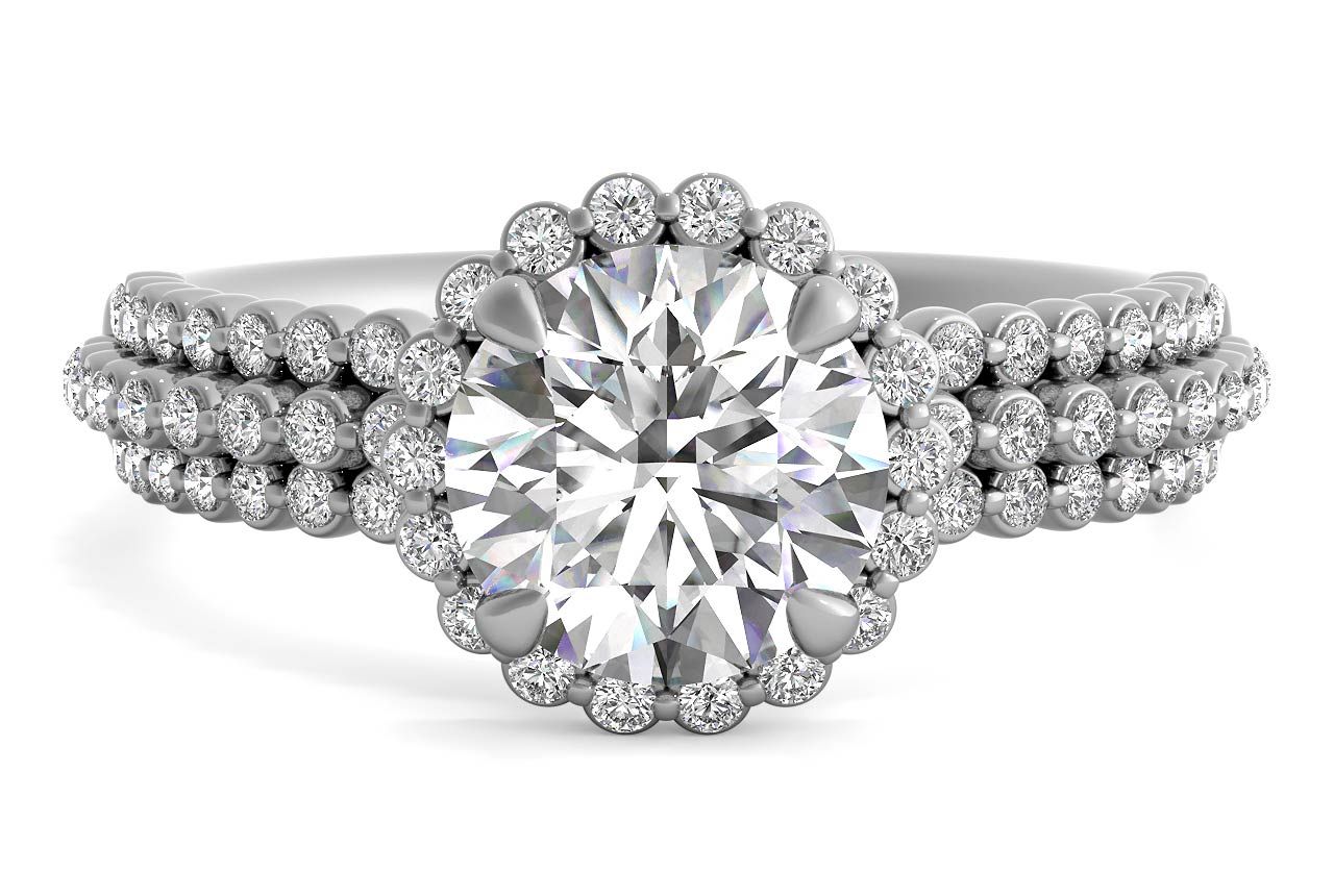The Electra Round Cut Platinum Three Row Graduating Diamond Halo Engagement Ring