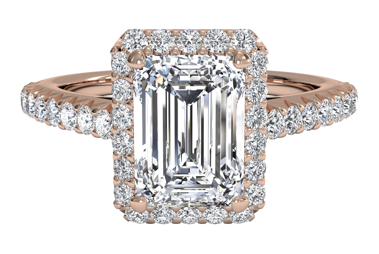 The Laura Emerald Cut 18kt Rose Gold Classic French-set Halo Diamond Band Engagement Ring